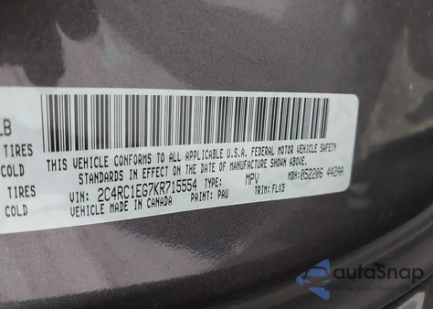 2019 Chrysler Pacifica Touring L Plus z USA, uszkodzony, nr VIN 2C4RC1EG7KR715554